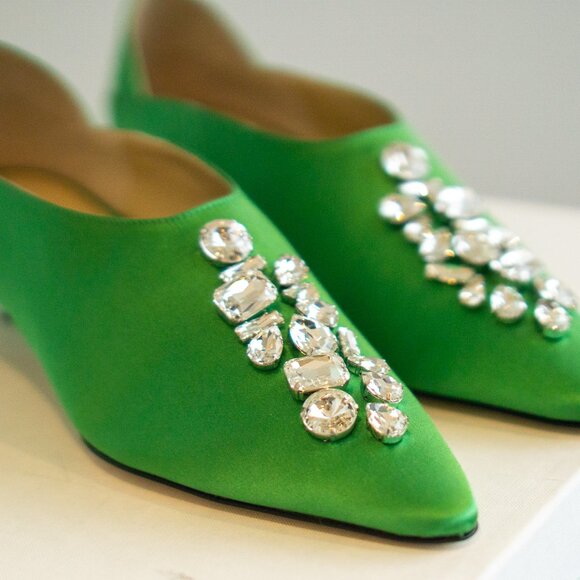 Kiki Price Shoes - Ether Kelly Green Satin Heels, 30mm with Crystal Embellishments